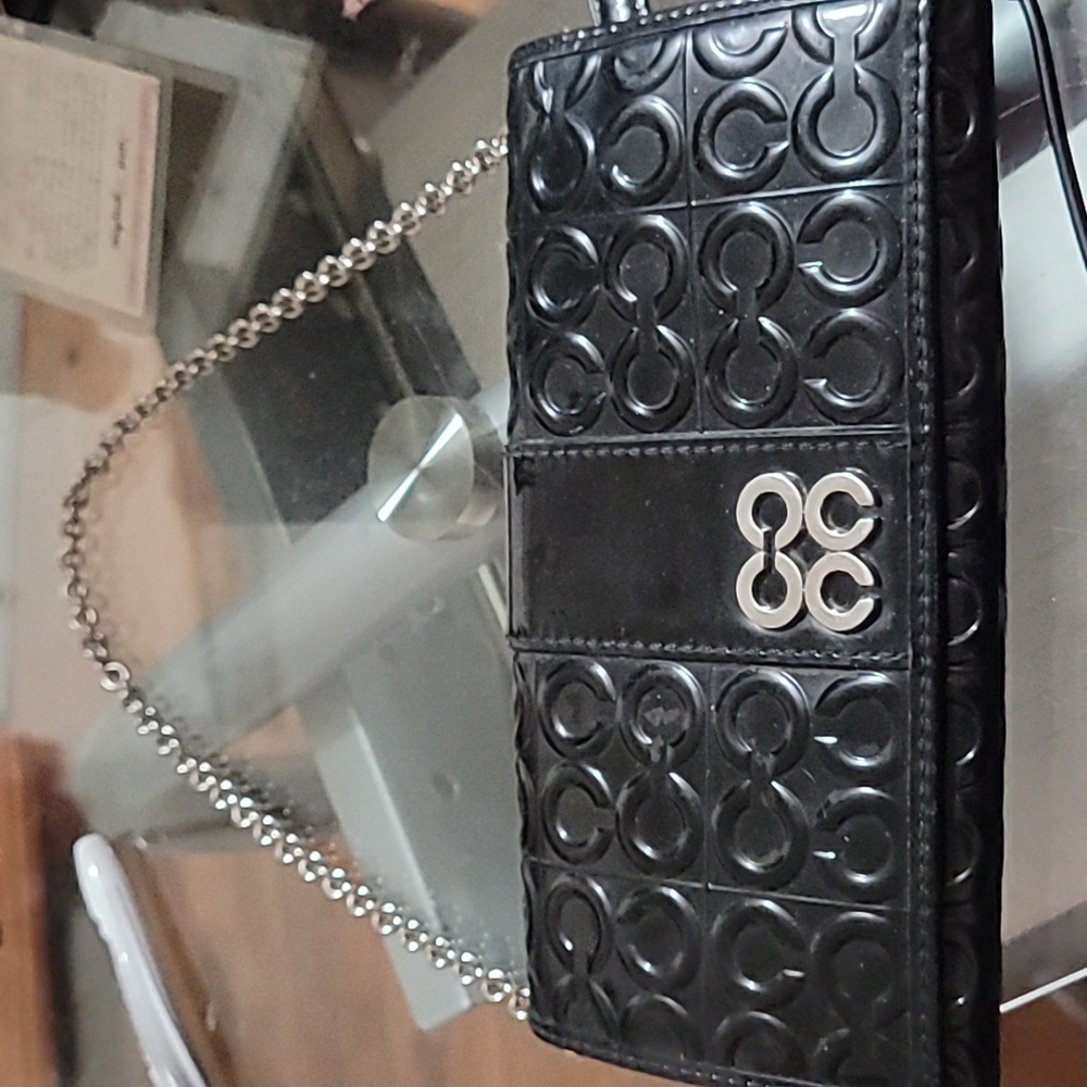 Authentic Coach Julia black embossed patent leather slim envelope chain wallet
